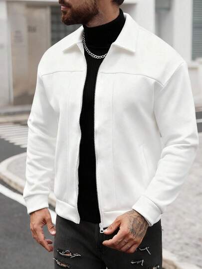 Manfinity CasualCool معطف كاجوال أزرار أمامية للرجال، لون أحادي، خريفي