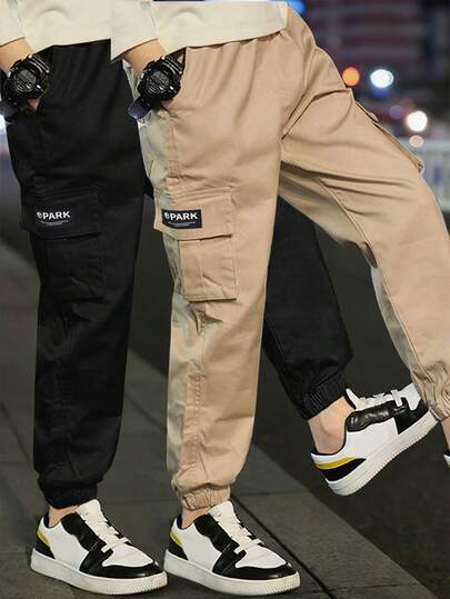 قطعتان من بنطلون الحمولة متعدد الجيوب بتصميم رياضي متعدد الاستخدامات للأولاد، ذو طابع بسيط وأنيق (الحجم الفعلي صغير، يُنصح بطلب مقاس أكبر بناءً على صور المنتج)
