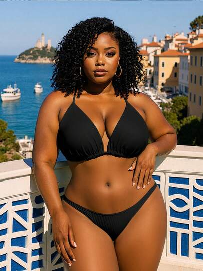 SHEIN Swim Curve بيكيني علوي مقاس كبير الثنية الصاف كاجوال