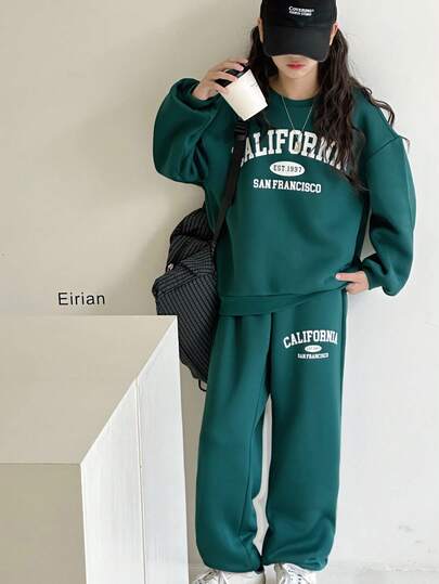 SHEIN Leap Crew بدلة رياضية مريحة من البلوزة والبنطلون ذات الرقبة الطاقم، بنمط حرف إنجليزي بسيط، باللون الأخضر الزيتوني، مناسبة للمراهقات، دافئة وناعمة، مناسبة للاستخدام اليومي، الرياضة، والجامعة في فصلي الخريف والشتاء