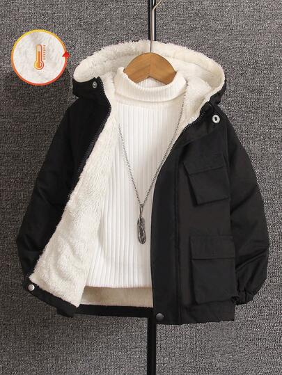 SHEIN Streecool Kids معطف أسود مبطن بقلنسوة للأولاد من عمر 4-7 سنوات، مناسب للخريف والربيع والشتاء