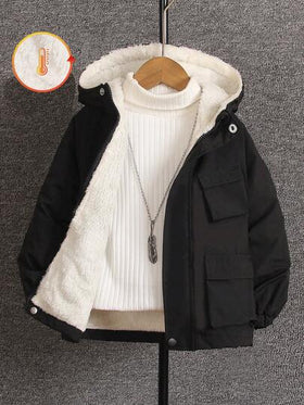 SHEIN Streecool Kids معطف أسود مبطن بقلنسوة للأولاد من عمر 4-7 سنوات، مناسب للخريف والربيع والشتاء