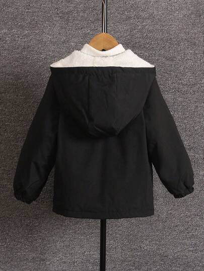 SHEIN Streecool Kids معطف أسود مبطن بقلنسوة للأولاد من عمر 4-7 سنوات، مناسب للخريف والربيع والشتاء