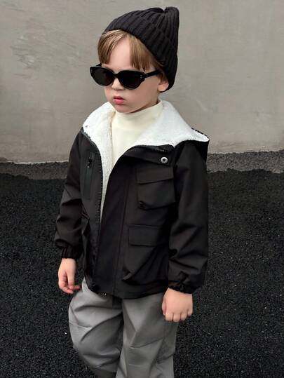SHEIN Streecool Kids معطف أسود مبطن بقلنسوة للأولاد من عمر 4-7 سنوات، مناسب للخريف والربيع والشتاء