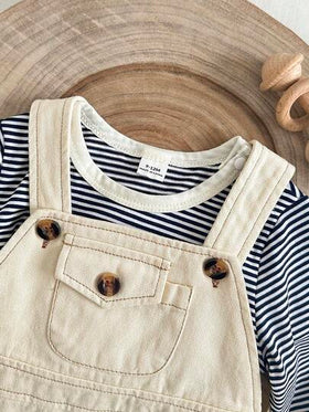 SHEIN قطعتان بدلة رضيع ولد كاجوال جميلة بتصميم جيب وبلوزة كم طويل مخطط، ملابس عملية للرضع للخروجات في الخريف/الشتاء، العطلات، الرياضة