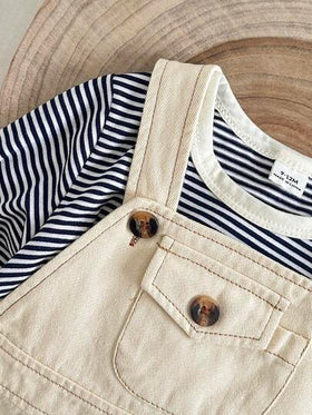 SHEIN قطعتان بدلة رضيع ولد كاجوال جميلة بتصميم جيب وبلوزة كم طويل مخطط، ملابس عملية للرضع للخروجات في الخريف/الشتاء، العطلات، الرياضة