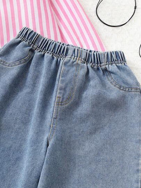 SHEIN مجموعة قميص أكمام طويلة مخطط وبنطال جينز أزرق فاتح فضفاض لفتيات المراهقات، طقم كاجوال لطيف للارتداء اليومي، 2 قطعة