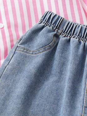 SHEIN مجموعة قميص أكمام طويلة مخطط وبنطال جينز أزرق فاتح فضفاض لفتيات المراهقات، طقم كاجوال لطيف للارتداء اليومي، 2 قطعة