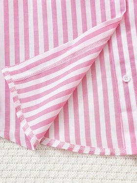 SHEIN مجموعة قميص أكمام طويلة مخطط وبنطال جينز أزرق فاتح فضفاض لفتيات المراهقات، طقم كاجوال لطيف للارتداء اليومي، 2 قطعة