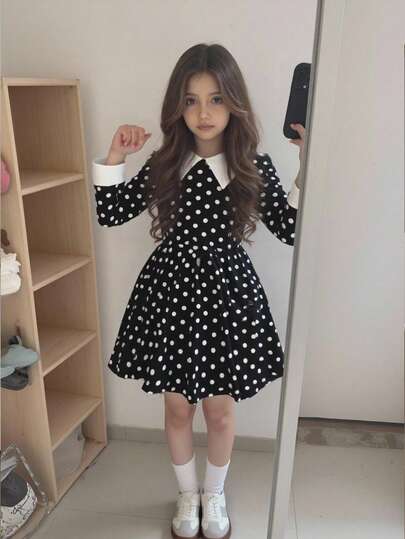 SHEIN Elladie kids فستان كاجوال للبنات بياقة ملونة وخصر مضفر