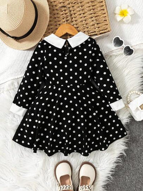 SHEIN Elladie kids فستان كاجوال للبنات بياقة ملونة وخصر مضفر