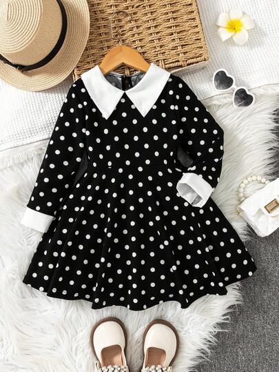 SHEIN Elladie kids فستان كاجوال للبنات بياقة ملونة وخصر مضفر