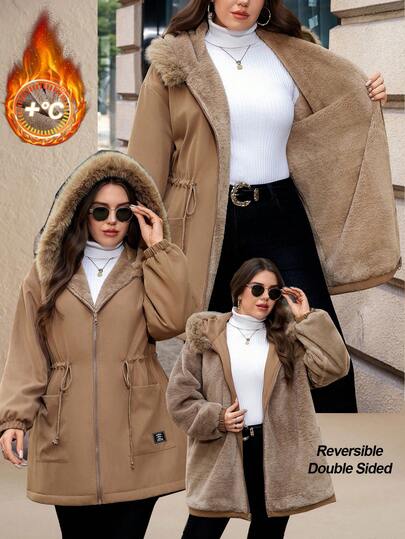 SHEIN Clasi معطف كاجوال مبطن بفرو الأرنب مع قبعة