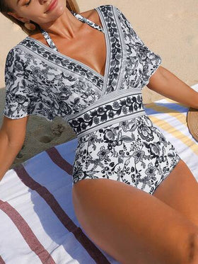 Swim Lushoire بدلة سباحة نسائية من قطعة واحدة ذات تحكم في البطن، بطبعات صينية بوهيمية باللونين الأسود والأبيض، محافظة للاستخدام في الشاطئ والمنتجعات