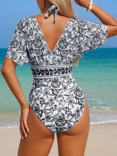 Swim Lushoire بدلة سباحة نسائية من قطعة واحدة ذات تحكم في البطن، بطبعات صينية بوهيمية باللونين الأسود والأبيض، محافظة للاستخدام في الشاطئ والمنتجعات
