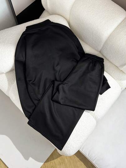 SHEIN مجموعة ملابس كاجوال للفتيات المراهقات، بلوزة بياقة نصف عالية مع سحاب وأكمام طويلة فضفاضة، وبنطال رياضي واسع الساق، مناسب للارتداء اليومي والتمارين الرياضية