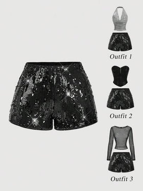 SHEIN MOD سروال قصير للنساء مزين بالترتر الأسود الأنيق