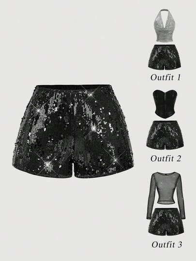 SHEIN MOD سروال قصير للنساء مزين بالترتر الأسود الأنيق