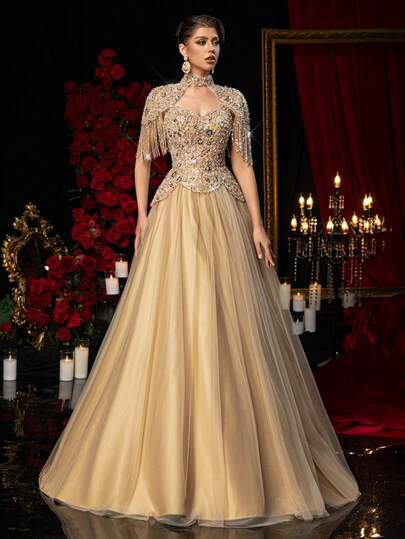 Glamrae جاكيت خارجي قابل للإزالة مزين بالخرز والترتر بتصميم زهري أنيق فاخر وتنورة ماكسي من التول، مناسبة للحفلات الزفاف والمناسبات الرسمية والسهرات والعطلات (مزخرفة بشكل كبير)