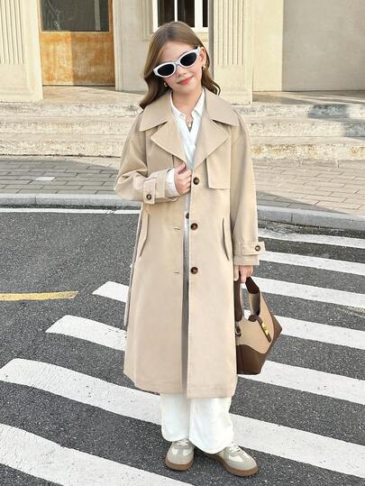 SHEIN Serisse Kids معطف طويل فضفاض بياقة مزرر وحزام وجيب وفيونكة، أنيق وعملي للفتيات المراهقات، بطراز عسكري كاجوال، للتنقل والخارج، للعودة إلى المدرسة، ملابس متطابقة للأم والابنة