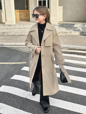 SHEIN معطف طويل فضفاض بياقة مزرر وحزام وجيب وفيونكة، أنيق وعملي للفتيات المراهقات، بطراز عسكري كاجوال، مناسب للتنقل والأنشطة الخارجية، للعودة إلى المدرسة، ملابس متطابقة للأم والابنة