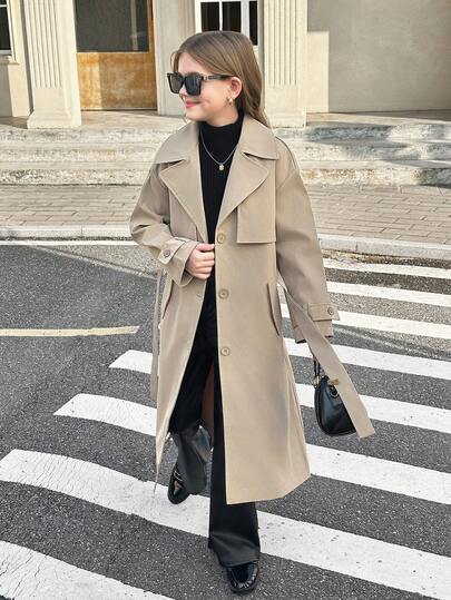 SHEIN معطف طويل فضفاض بياقة مزرر وحزام وجيب وفيونكة، أنيق وعملي للفتيات المراهقات، بطراز عسكري كاجوال، مناسب للتنقل والأنشطة الخارجية، للعودة إلى المدرسة، ملابس متطابقة للأم والابنة