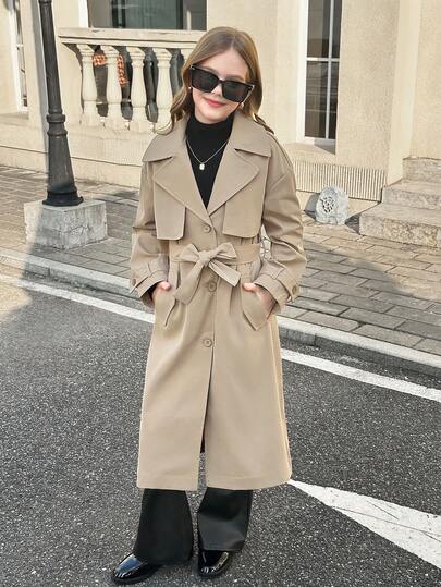 SHEIN معطف طويل فضفاض بياقة مزرر وحزام وجيب وفيونكة، أنيق وعملي للفتيات المراهقات، بطراز عسكري كاجوال، مناسب للتنقل والأنشطة الخارجية، للعودة إلى المدرسة، ملابس متطابقة للأم والابنة