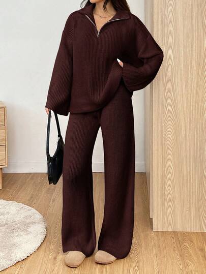 SHEIN EZwear بدلة كاجوال من قطعتين تتكون من كنزة صوفية بسحاب وكتف منسدل بلون بني القهوة وبنطال مصنوع من الأقمشة المحبوكة، مناسبة للخريف والشتاء