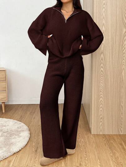 SHEIN EZwear بدلة كاجوال من قطعتين تتكون من كنزة صوفية بسحاب وكتف منسدل بلون بني القهوة وبنطال مصنوع من الأقمشة المحبوكة، مناسبة للخريف والشتاء