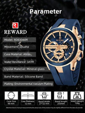ساعة رجالية كوارتز من ماركة REWARD، بتصميم أعمال وأزياء، مع توقيت وتقويم وعقارب مضيئة ووظائف متعددة، ساعة يد رجالية عالية الجودة كهدية، بتصميم كلاسيكي وسوار من السيليكون