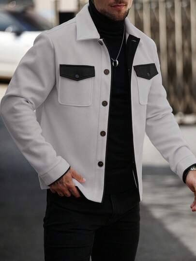 Manfinity Homme معطف صوفي أنيق للرجال بجيب واحد وأكمام طويلة، بتصميم ألوان متباينة، مناسب للموضة اليومية والشارع، للخريف والشتاء