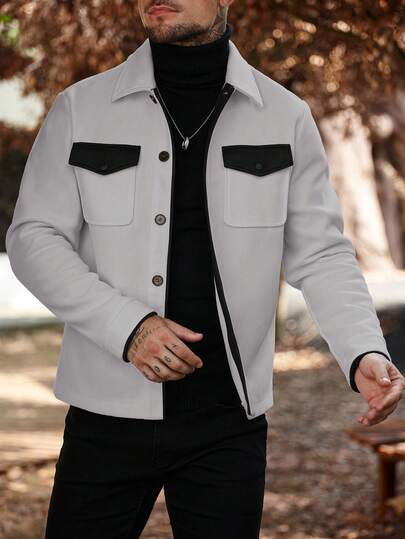 Manfinity Homme معطف صوفي أنيق للرجال بجيب واحد وأكمام طويلة، بتصميم ألوان متباينة، مناسب للموضة اليومية والشارع، للخريف والشتاء