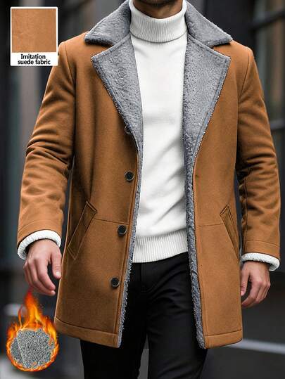 Manfinity Homme معطف طويل بأكمام طويلة وأزرار أمامية مبطن بالحرارة للرجال، معطف طويل للخريف/الشتاء باللون البني للاستخدام اليومي والرحلات والأنشطة الخارجية والسفر والبيئات العمل المريحة أو المناسبات شبه الرسمية، هدية للصديق/الزوج، هدية عيد الميلاد