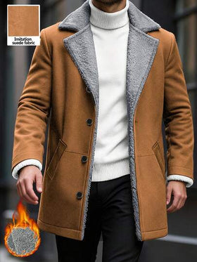 Manfinity Homme معطف طويل بأكمام طويلة وأزرار أمامية مبطن بالحرارة للرجال، معطف طويل للخريف/الشتاء باللون البني للاستخدام اليومي والرحلات والأنشطة الخارجية والسفر والبيئات العمل المريحة أو المناسبات شبه الرسمية، هدية للصديق/الزوج، هدية عيد الميلاد