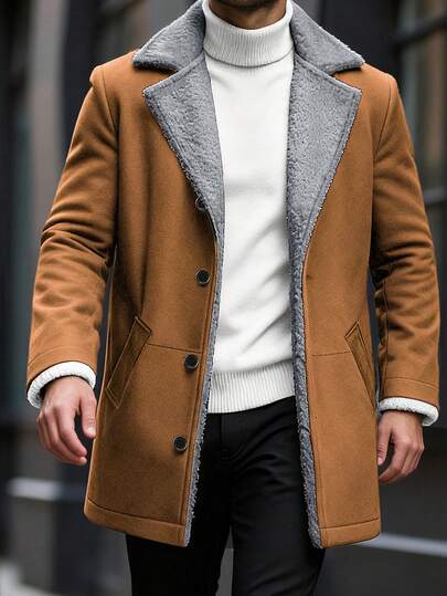 Manfinity Homme معطف طويل بأكمام طويلة وأزرار أمامية مبطن بالحرارة للرجال، معطف طويل للخريف/الشتاء باللون البني للاستخدام اليومي والرحلات والأنشطة الخارجية والسفر والبيئات العمل المريحة أو المناسبات شبه الرسمية، هدية للصديق/الزوج، هدية عيد الميلاد
