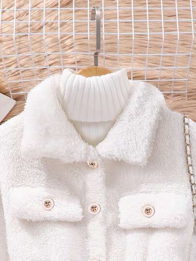 SHEIN جاكيت بطية فروية وأكمام طويلة لفتاة عمرها بين 10-14 عاماً