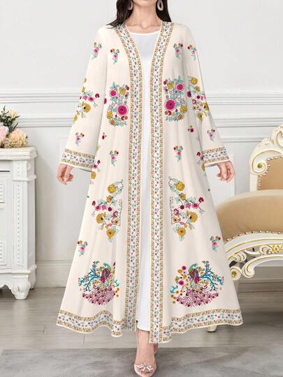SHEIN Najma عباءة عربية كاجوال طويلة الأكمام مزينة بطباعة الزهور والنباتات، مناسبة للربيع والخريف