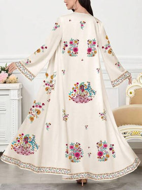 SHEIN Najma عباءة عربية كاجوال طويلة الأكمام مزينة بطباعة الزهور والنباتات، مناسبة للربيع والخريف