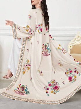 SHEIN Najma عباءة عربية كاجوال طويلة الأكمام مزينة بطباعة الزهور والنباتات، مناسبة للربيع والخريف