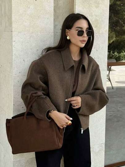 معطف نسائي موضة الخريف بياقة رجعية وأكمام طويلة وجيوب، جاكيت كاجوال طويلة الأكمام مناسبة للاستخدام اليومي