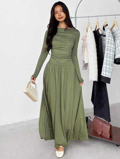 SHEIN فستان طويل الأكمام بخصر مربوط، متوسط الطول، مريح وبسيط للمراهقات