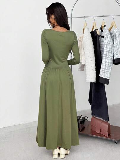SHEIN فستان طويل الأكمام بخصر مربوط، متوسط الطول، مريح وبسيط للمراهقات