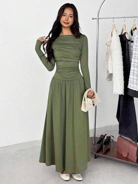 SHEIN فستان طويل الأكمام بخصر مربوط، متوسط الطول، مريح وبسيط للمراهقات