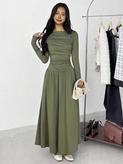 SHEIN فستان طويل الأكمام بخصر مربوط، متوسط الطول، مريح وبسيط للمراهقات