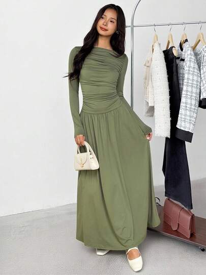 SHEIN فستان طويل الأكمام بخصر مربوط، متوسط الطول، مريح وبسيط للمراهقات