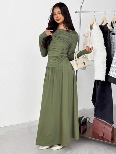 SHEIN فستان طويل الأكمام بخصر مربوط، متوسط الطول، مريح وبسيط للمراهقات