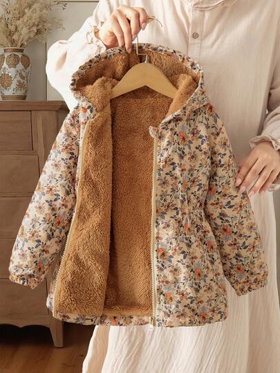 SHEIN Vintaside Kids 1 قطعة هودي مبطن بالحرارة مزخرف بالأزهار الرجعي للفتيات الصغيرات موديل 2025 الجديد، مع خصر مطاطي، ملابس خارجية سميكة دافئة متعددة الاستخدامات