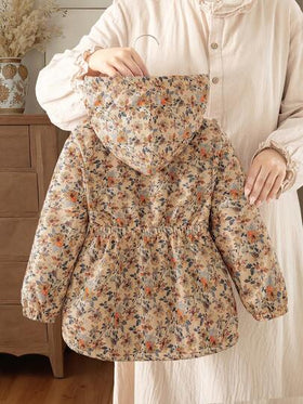 SHEIN Vintaside Kids 1 قطعة هودي مبطن بالحرارة مزخرف بالأزهار الرجعي للفتيات الصغيرات موديل 2025 الجديد، مع خصر مطاطي، ملابس خارجية سميكة دافئة متعددة الاستخدامات