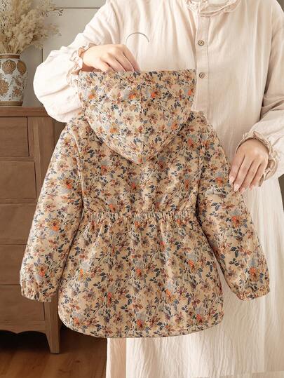 SHEIN Vintaside Kids 1 قطعة هودي مبطن بالحرارة مزخرف بالأزهار الرجعي للفتيات الصغيرات موديل 2025 الجديد، مع خصر مطاطي، ملابس خارجية سميكة دافئة متعددة الاستخدامات