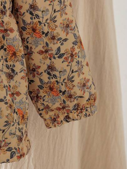 SHEIN Vintaside Kids 1 قطعة هودي مبطن بالحرارة مزخرف بالأزهار الرجعي للفتيات الصغيرات موديل 2025 الجديد، مع خصر مطاطي، ملابس خارجية سميكة دافئة متعددة الاستخدامات